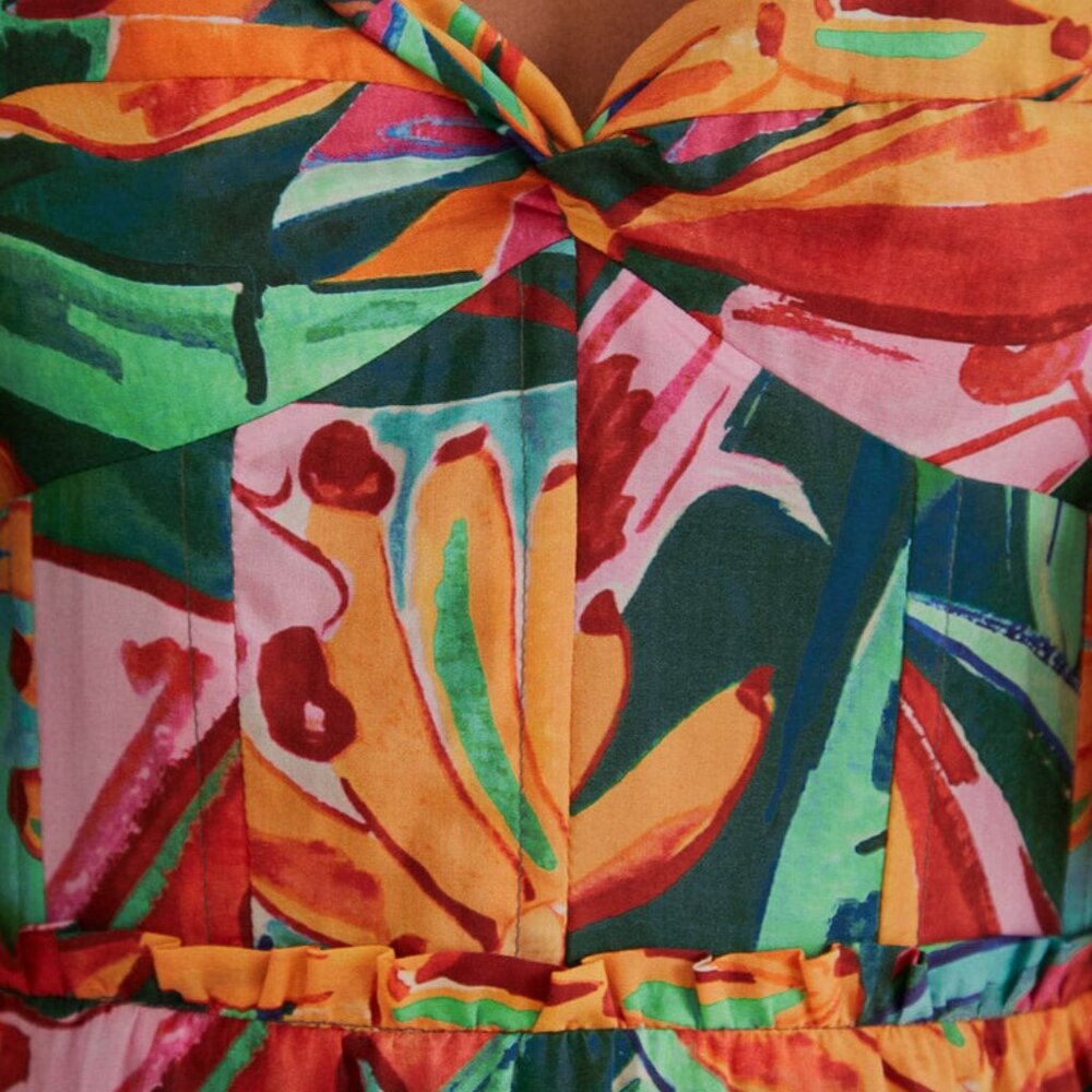 FARM Rio Green Tropical Print Midi Dress with Orange & Pink Accents - Picture 2 of 13